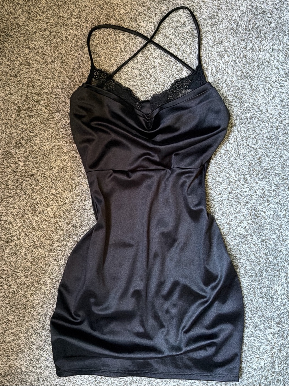 Black Satin Lace-Trim Slip Dress
